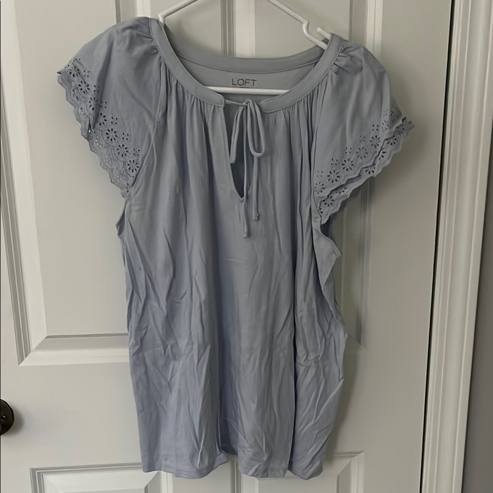 LOFT M Women's Light Blue Eyelet Sleeve Top